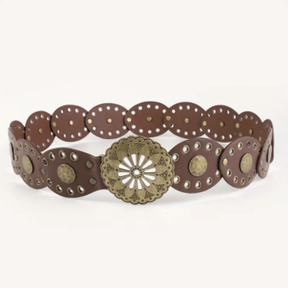 Brown Belt Western Style Studded Medallion Retro Style Buckle Boho Belts - Picture 2 of 6